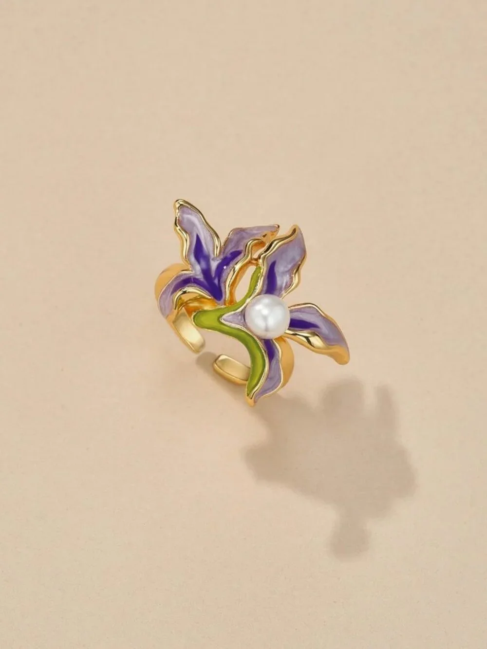 Gold Rose Pink Enamel Floral CZ Adjustable Statement Ring - Unique Summer